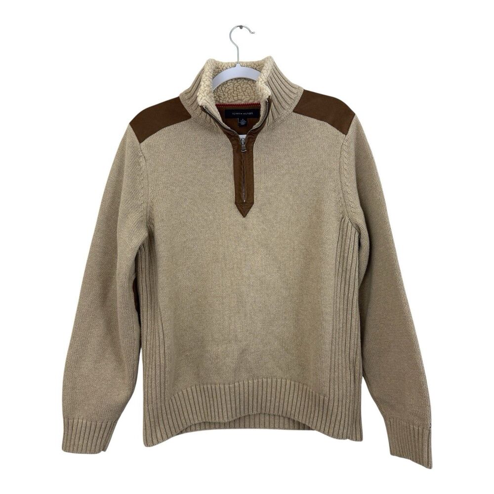 Tommy Hilfiger Zip Sweater Mens M Elbow Patches Knit Sherpa Collar 2009 Academia